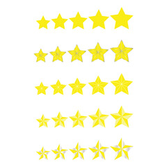 Ascending order Five Stars Rating Icons. Yellow 5 Stars Collection. Quality Rating Icon 3d stars, silver yellow, Shining five Stars Set Vector Illustration