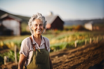 Portrait of a smiling elderly woman farmer. A woman works on her eco farm. Rural life , small-scale farming communities