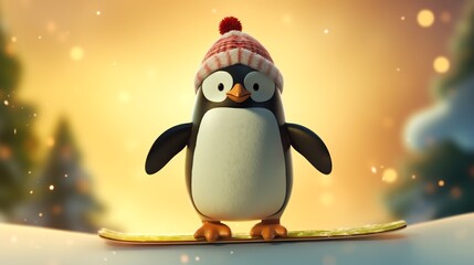 Obraz premium Super cute penguin wearing Santa hat and riding a surf. AI generated image