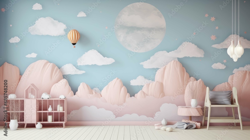 Wall mural Stylish baby room interior with crib and chair  - Wall murals