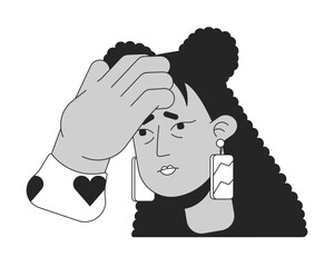 Latina woman touching forehead for fever check black and white 2D line cartoon face closeup