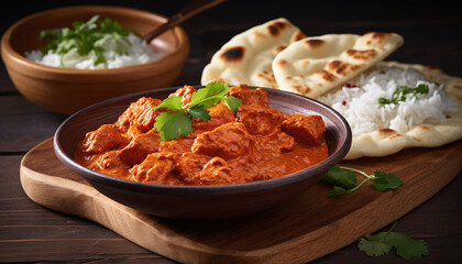 Chicken tikka masala – spicy curry meat food in a clay plate. - obrazy, fototapety, plakaty