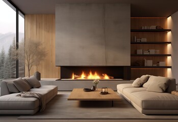 Modern living room with fireplace to make room cozy during winter days.