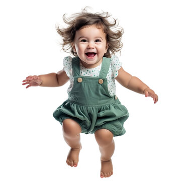 Happy Baby Girl Jumping Alone, Isolated On A White Background.