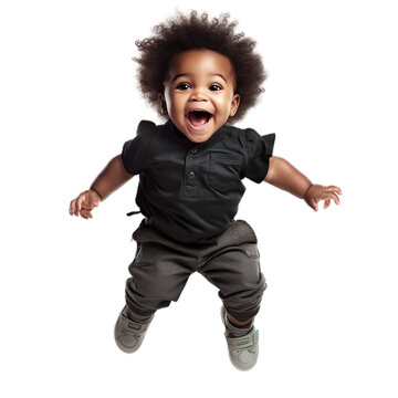 Happy black baby jumping alone, isolated on a white background transparent PNG format
