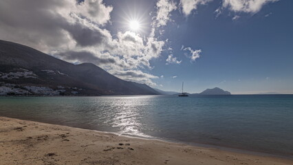 Panorama showing beach in Amorgos island aerial timelapse from above. Greece