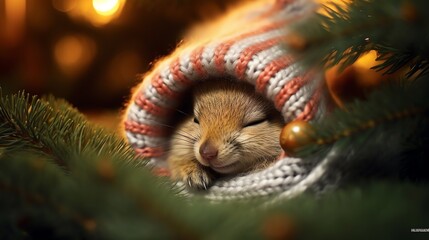 Obraz premium Super cute squirrel wearing knitted Santa hat. Christmas greeting card. AI generated image