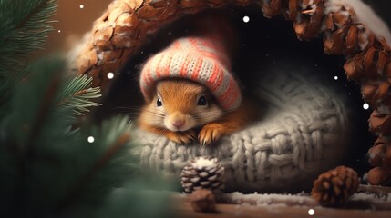 Obraz premium Super cute squirrel wearing knitted Santa hat. Christmas greeting card. AI generated image