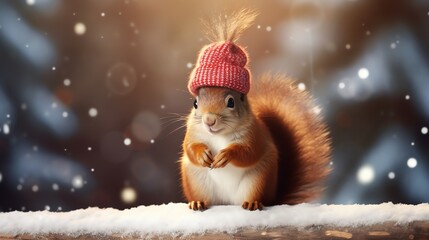 Fototapeta premium Super cute squirrel wearing knitted Santa hat. Christmas greeting card. AI generated image