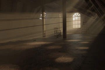 3d rendering of brighten empty attic with sun rays through the window