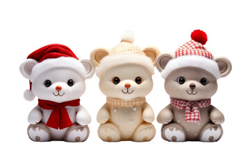 cute toys with Christmas theme, photo, studio lighting, white background, 3 abstract animals cartoon PNG