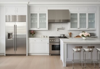 A modern white theme kitchen with refrigerator, oven, and chairs.