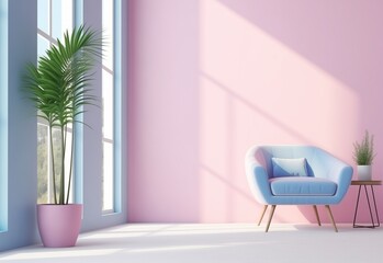 Modern pastel pink color living room with pastel light violet color sofa and window.