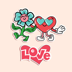 Hippie Love Sticker and funny flower for Valentine's Day. Trend of the 60s, 90s. Comic character happy heart. Vector illustration