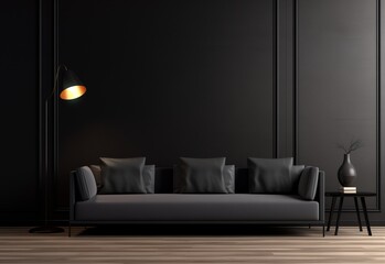 Minimalist black interior design sofa with molding black wall