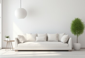 Modern interior design wall background with green plant and sofa.