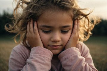 A young kid covering her ears with her hands. Generative AI.