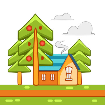 Vector illustration of a house and trees in a cute cartoon style.