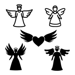 Set of angels icons and pictograms, silhouette of an angel on a white background, vector illustration