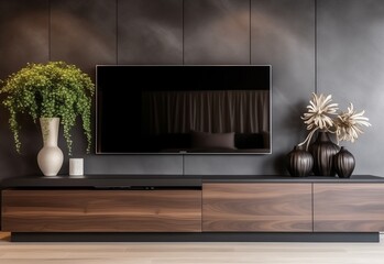 Cabinet for TV in modern dark living room with decoration on wooden wall background.