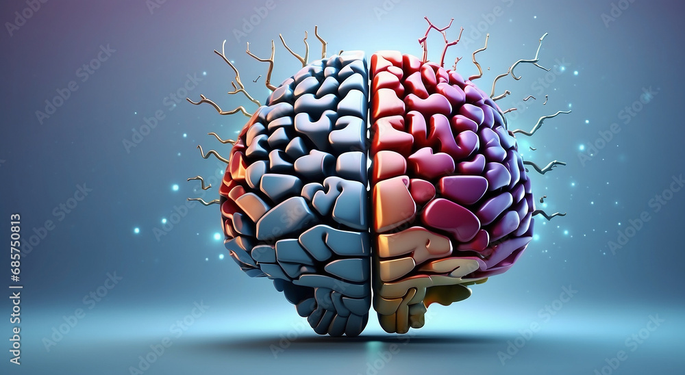 Poster artistic realism in a brain design infused with rays, lights, and vibrant colors. a dynamic display 