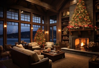 Living room with christmas tree and fireplace near frozen lake in winter season.