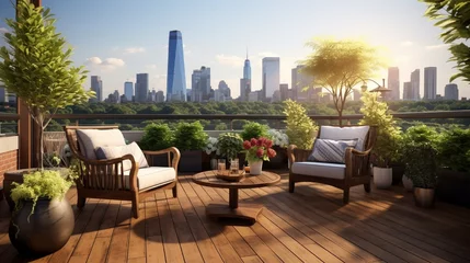 Zelfklevend Fotobehang A balcony oasis with comfortable outdoor furniture, potted plants, and a view of the city skyline or natural landscape. © Eun Woo Ai