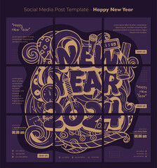 Social media post template with floral doodle and typography for happy new year celebration design