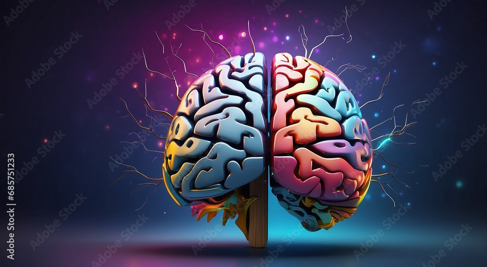 Poster artistic realism in a brain design infused with rays, lights, and vibrant colors. a dynamic display 