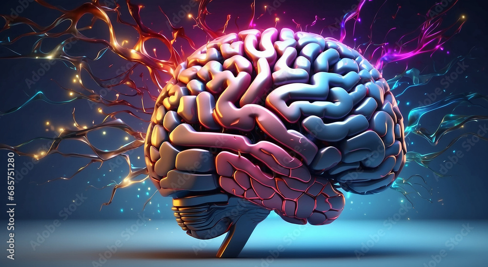 Poster artistic realism in a brain design infused with rays, lights, and vibrant colors. a dynamic display 