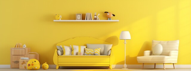 Lofty children room interior design concept with yellow color wall background