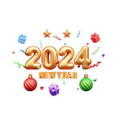 Happy New Year 2024 Celebration 3D Illustration or happy new year 2024 3d rendering with confetti