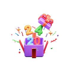 Happy New Year 2024 Celebration 3D Illustration or happy new year 2024 3d rendering with confetti