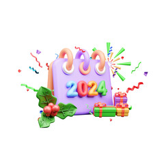 Happy New Year 2024 Celebration 3D Illustration or happy new year 2024 3d rendering with confetti