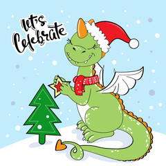 Cute new year dragon decorates the Christmas tree on a blue background. Chinese symbol 2024. Vector cartoon illustration