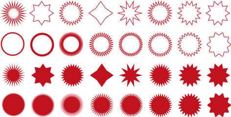 Set of red color stickers for sale, price tag, starbursts, quality mark, sunburst icons, retro stars. Modern Swiss style elements, shapes, stars, flowers, circles