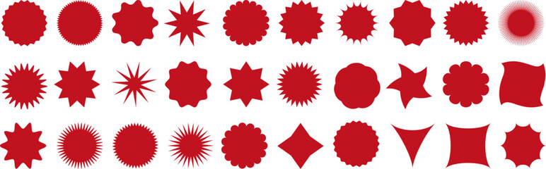 Set of red color stickers for sale, price tag, starbursts, quality mark, sunburst icons, retro stars. Modern Swiss style elements, shapes, stars, flowers, circles - obrazy, fototapety, plakaty