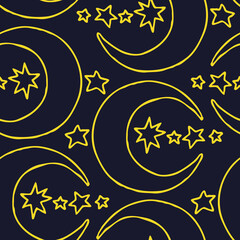 Starry night seamless vector pattern with moon, stars and clouds. Boho style decorative background for wallpaper, digital paper, wrapping design, fashion fabric, textile print. Hand drawn illustration