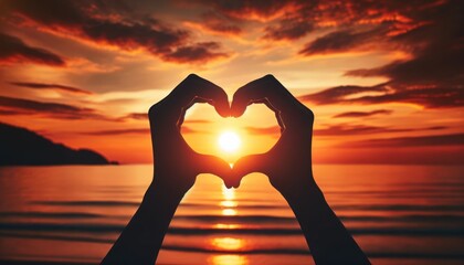 Silhouetted hands create a perfect heart shape framing the radiant sunset over the ocean. 
