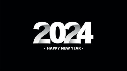 Happy New Year 2024 black and white text design, vector