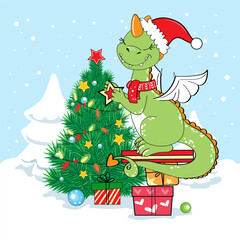 Christmas greeting card with new year dragon. Vector cartoon illustration. Chinese symbol of 2024 year