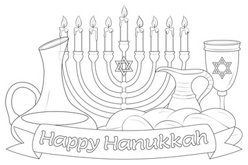 Happy Hanukkah. Vector illustration, coloring page, line art, black and white. Traditional menorah, candle, cup of wine, hat, wine, jug of oil, dreidel with Hebrew letter.
