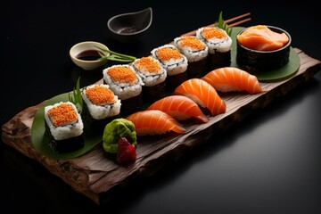 Artistic Japanese sushi top view set. Sashimi sauce. Generate Ai