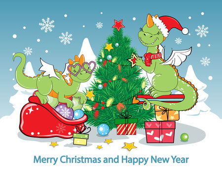 Christmas and New Year card with two dragons and christmas gifts. Vector cartoon illustration. Chinese 2024 symbol