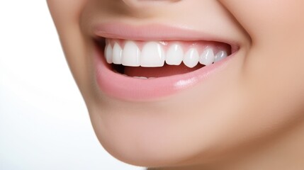 Obraz premium Beautiful woman's smile with healthy white, straight teeth close-up on light background with space for text