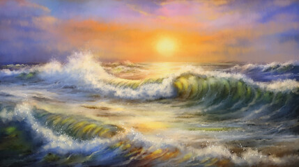 Paintings sea landscape, sunrise over the ocean, artwork, fine art