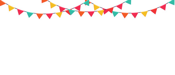 Garland of colored flags horizontal banner. Carnival garlands entertainment events. Festive vector background in flat cartoon style on a white background. - obrazy, fototapety, plakaty