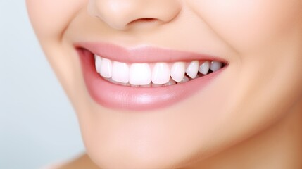 Beautiful woman's smile with healthy white, straight teeth close-up on light background with space for text