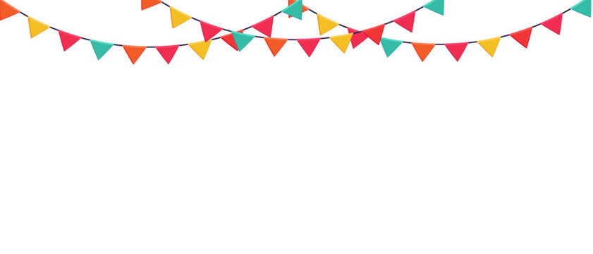 Garland of colored flags horizontal banner. Carnival garlands entertainment events. Festive vector background in flat cartoon style on a white background.
