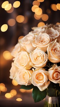 Bouquet of champagne color roses. Happy Valentine's day greeting card concept. AI generated image